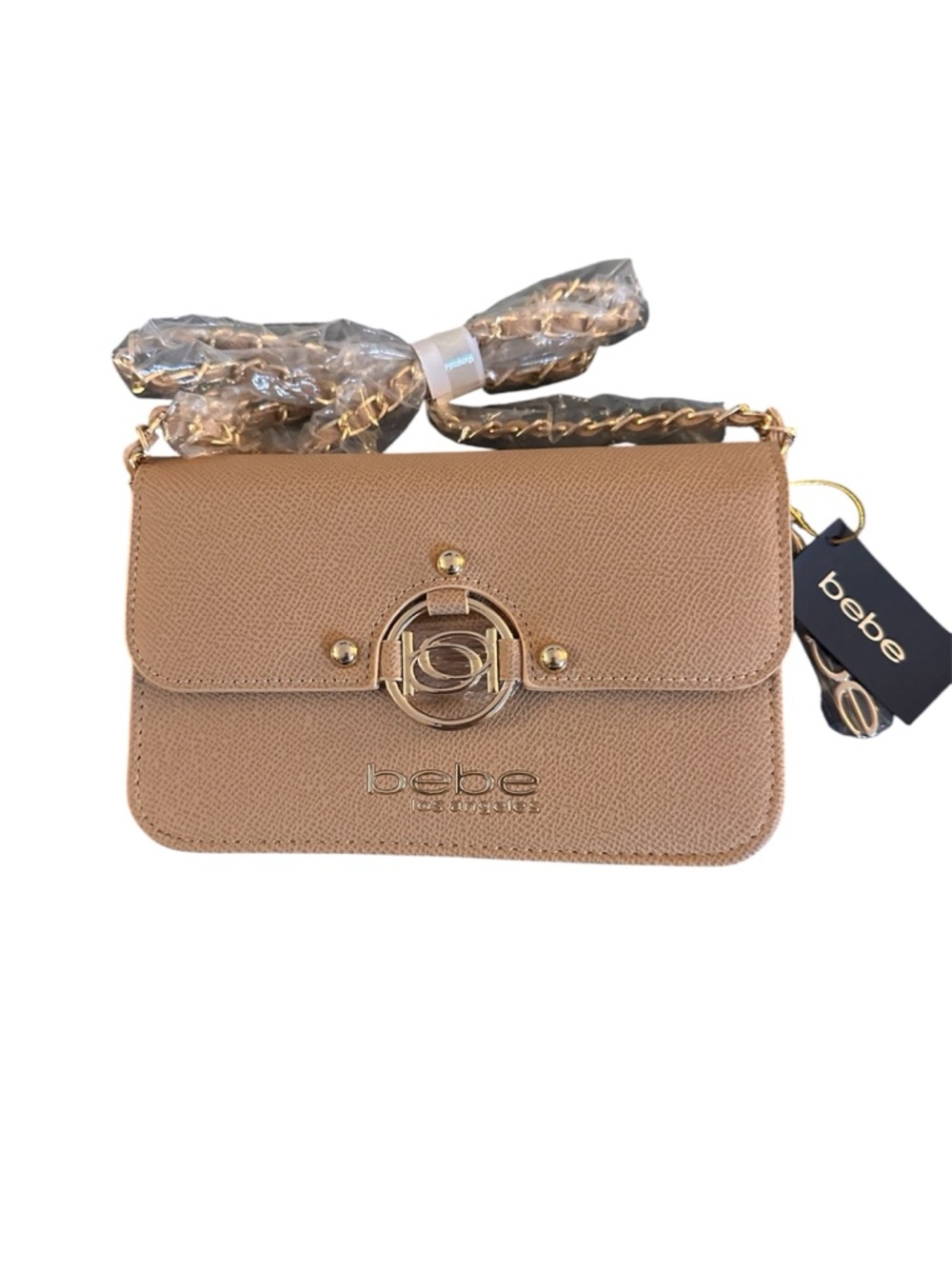 bebe Beige Crossbody Bag with Gold Chain and Logo Accent - Picture 2 of 4